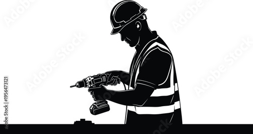 Construction worker silhouette using electric drill isolated on white background, industrial labor, repair work, maintenance and professional building tools concept illustration