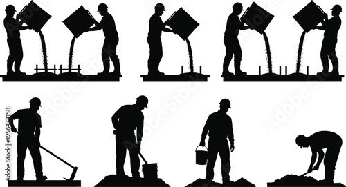 Construction worker silhouettes pouring concrete and performing site tasks isolated on white background, industrial labor, building process, manual work and maintenance concept illustration