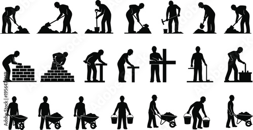 Construction worker silhouettes set performing various tasks including digging, bricklaying, carrying materials and building isolated on white background, industrial labor concept illustration