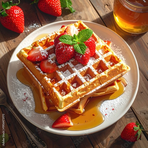 Stacked waffles with strawberries, mint, and syrup, on a wooden table