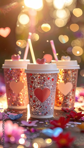 Three sparkly heart-adorned drinks with straws, bokeh background