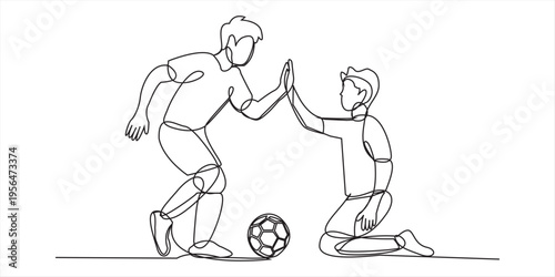 Continuous line drawing of two soccer players high fiving