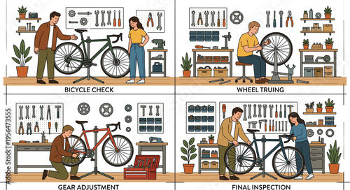 Professional bicycle repair service scenes showing mechanics checking bikes wheel truing gear adjustment and final maintenance inspection.