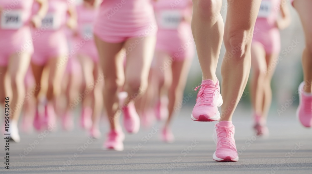 Obraz premium a breast cancer survivor crossing the finish line, with supporters cheering and pink confetti in the air