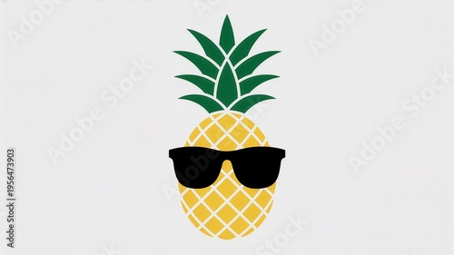 Wallpaper Mural A yellow pineapple with green leaves and black sunglasses on a white background, depicted in a simple graphic style, showcasing a stylized fruit with shades. Torontodigital.ca