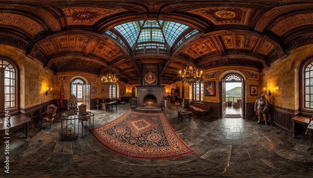 Obraz premium complete uninterrupted 360-degree HDRI panorama of a renovated medieval castle in equirectangular format, suitable for VR content