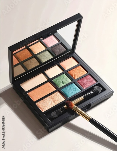 Makeup palette with assorted colorful eyeshadows, brushes, and mirror