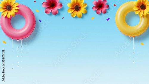 Bright and colorful summer background with flowers and inflatable rings