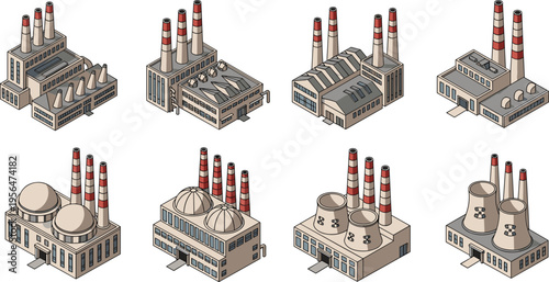 Isometric Nuclear and Thermal Power Plant Buildings Vector Set with Industrial Energy Stations, Reactors, Cooling Towers and Smokestack Facilities Collection