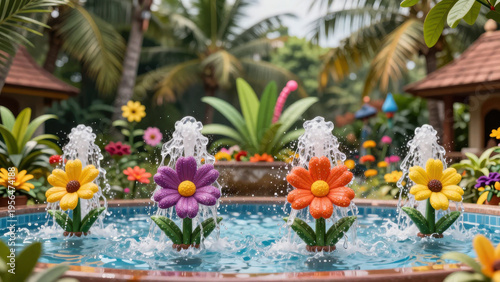 Vibrant garden scene featuring colorful flower fountains, surrounded by lush greenery