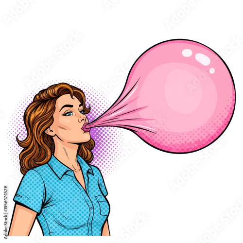 Retro Pop Art Woman Blowing Giant Bubble Gum Bubble Fun Illustration Vintage Comic Style Cartoon Graphic Design
