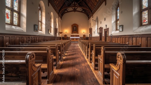 Vacant church benches in a European Protestant church. Broad perspective, natural light, unoccupied.