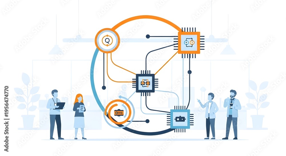 Naklejka premium People interacting with a complex network of interconnected microchips and data flow.