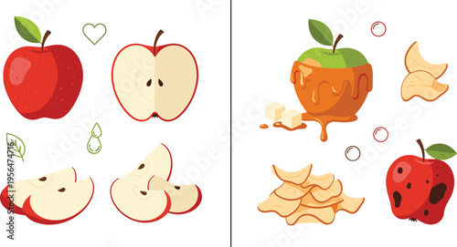 Apple Fresh and Rotten Comparison Vector Set Showing Whole Fruit, Slices, Decay Process, Juice Dripping and Food Spoilage Concept Illustration