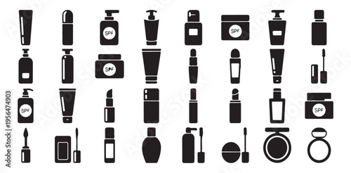 Skincare product icons set including spf sunblock and lotion bottle silhouettes collection