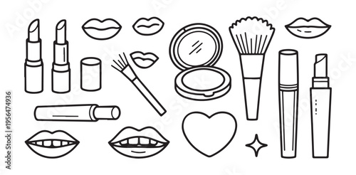 Beauty and cosmetic icon set. line art style makeup product for lips and face collection