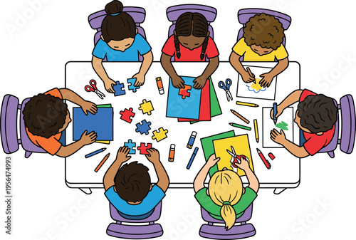 Top view vector illustration of diverse group of children sitting at a table doing puzzles and crafts.