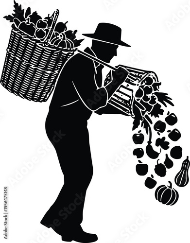 Farmer carrying harvest baskets silhouette, fresh vegetables spilling illustration, rural agriculture lifestyle concept, organic produce transport, farm  