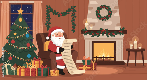 Santa Claus sitting in armchair reading list near Christmas tree and fireplace