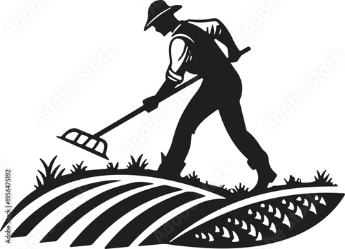 Farmer raking soil in cultivated field, agriculture silhouette illustration, rural farming work concept, manual labor in farmland, organic crop preparation, countryside lifestyle graphic