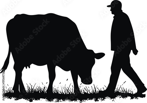 Farmer walking with cow silhouette in pasture, livestock agriculture scene, rural farming lifestyle concept, cattle grazing illustration, countryside animal husbandry, farm work and dairy production