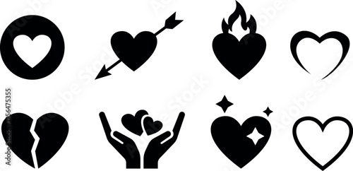 Collection of black heart symbols and icons on white background