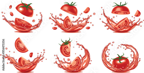 Fresh tomato splash collection with juicy slices dynamic liquid splashes and realistic red vegetable pieces isolated vector illustration set