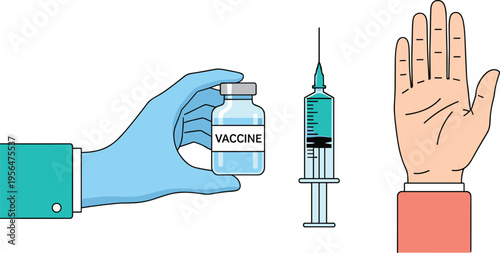Anti-vaccine concept, hand gesture showing stop to vaccination, doctor holding vaccine bottle and syringe, medical refusal, flat vector illustration, isolated.