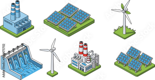Renewable, energy, set, featuring, solar, panels, wind, turbines, hydroelectric, dam, and, industrial, power, plants, in, isometric, flat, vector, style, illustration.