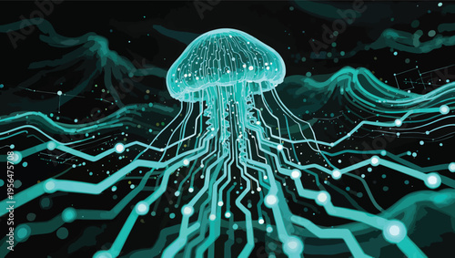 Bioluminescent Jellyfish with Integrated Circuitry Trails Through Dark Ocean Depths glowing neon.
