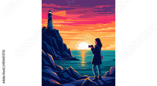 A captivating vector illustration of a woman with a camera capturing the breathtaking sunset near a majestic lighthouse, evoking a sense of wanderlust and peaceful exploration