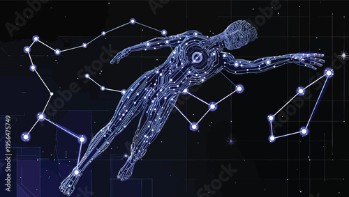 Digital human figure composed of circuits and constellations in starry night sky technology.