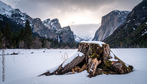 Snowy winter scene with a tree stump, mountains, and a waterfall