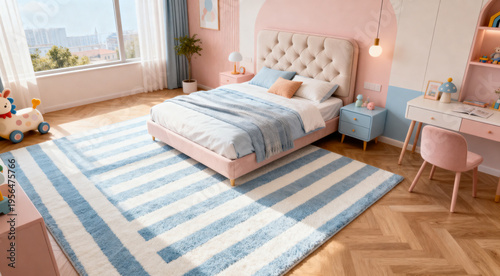 Contemporary kids room with soft bed, striped rug and pastel color palette