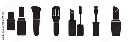Beauty lipstick mascara and makeup brush collection icons isolated on white background vector