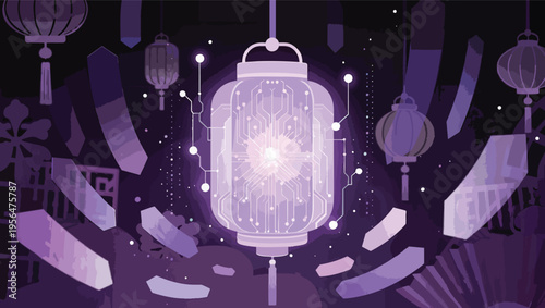Glowing Purple Lantern with Integrated Circuitry Amidst Abstract Geometric Shapes and Stars light digital.