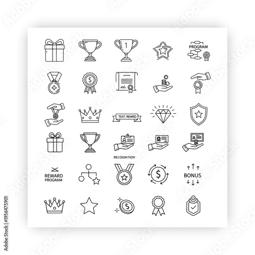 Reward set of web icons in line style. A collection of linear icons representing various reward concepts, 
including gift, trophy, recognition, reward program, medal, 
bonus, and more real black and w