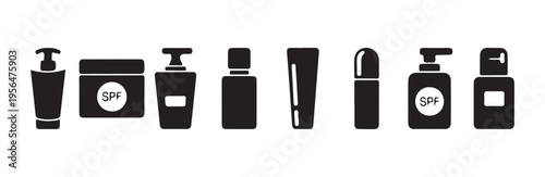 Cosmetic skincare products set black icons for body care isolated on white background vector