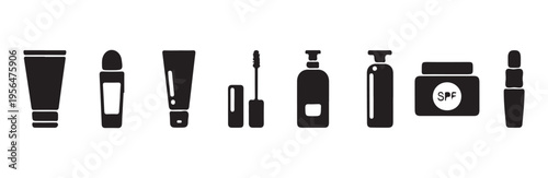 Skincare packaging and makeup application tool icons collection set isolated vector objects