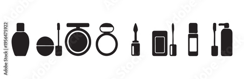 Cosmetic and makeup accessory icons including mirror and mascara wand set on white background