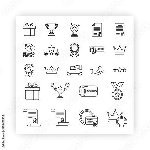 Reward set of web icons in line style. A collection of linear icons representing various reward concepts, 
including gift, trophy, recognition, reward program, medal, 
bonus, and more real black and w