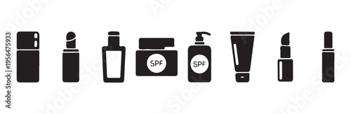 Beauty and skincare product icons with lipstick and sunscreen bottles flat vector silhouette