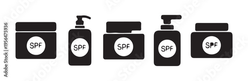 Sunscreen product icons for spf sun protection cream jars and lotion bottles vector set art