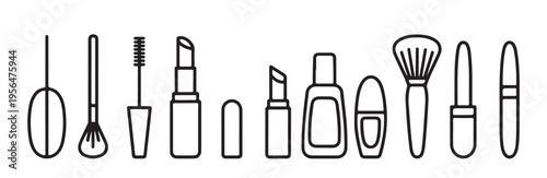 Cosmetics makeup tools and accessories line icon set, beauty product outline vector illustration