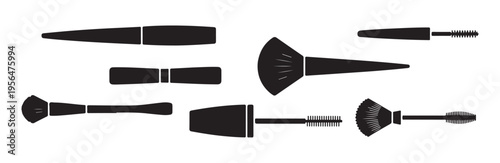 Makeup brushes and cosmetic tools solid glyph icon set, beauty accessories vector illustration