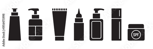 Skincare and beauty product bottles solid glyph icon set, cosmetic packaging vector illustration
