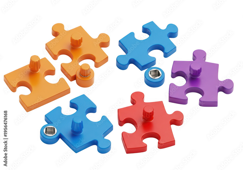 Fototapeta premium Colorful wooden puzzle pieces arranged in a playful scattered formation isolated on transparent background