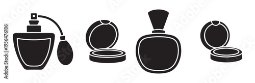 Perfume bottles and compact powder silhouettes set isolated vector illustrations on background