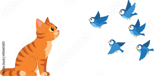 Cat and birds interaction illustration