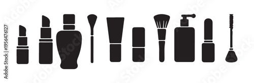 Assorted makeup and skincare product silhouettes including bottles tubes and brushes on white